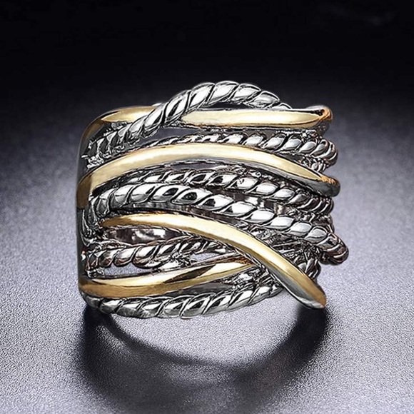 NEW Cross Cable Band Chunky Ring Gold & Silver Mixed Metals - Picture 3 of 7